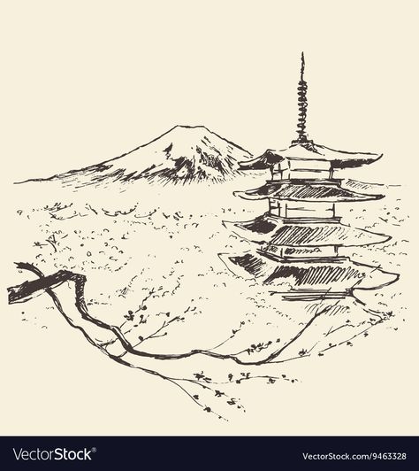 Japan Fuji Mountain, Japanese Architecture Drawings, Gunung Fuji, Mountain Sketch, Japanese Mountains, Japanese Pagoda, Japanese Shrine, Fuji Mountain, Japan Tattoo Design