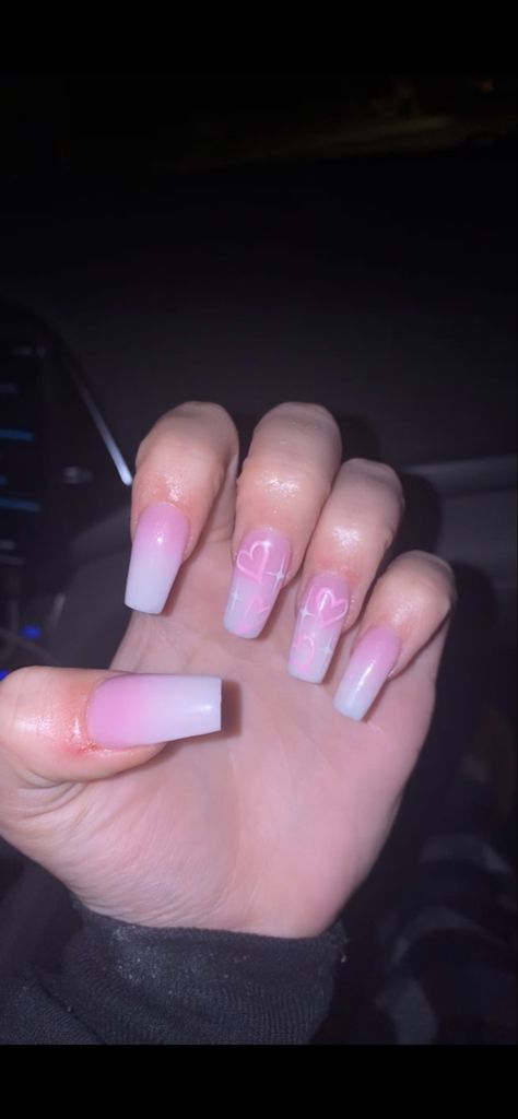 Pink coffin medium length nails ombré pink white hearts stars Ombre Nail With Heart, Ombré Heart Nails, Heart Ombre Nails, Ombré Valentines Nails, Pink Ombre Nails With Hearts, Ombre Nails With Heart, Dark Pink And White Ombre Nails, Ombré Nails With Design, Ombre Valentines Nails Heart