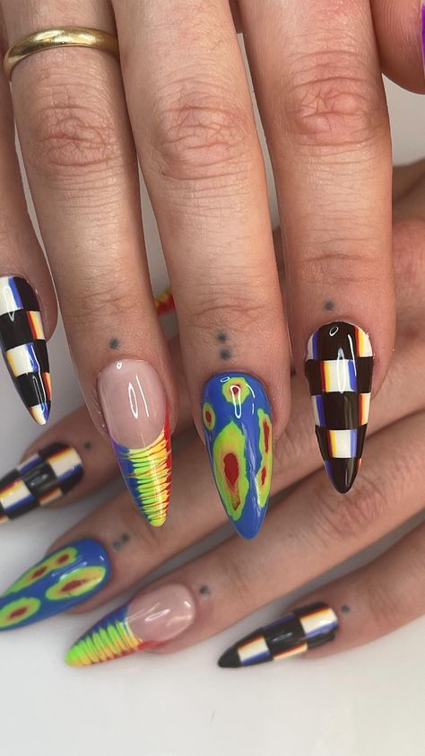 Kristin @ Neon Beauty | Rochester, NY on Instagram: “Trippy 🍭 Glitchy 👾 • #apres #apresgelx #gelextensions #gelnails #nails #naturalnails #nailartinspo #nailinspo #nailart #nailartaddict…” Trippy Almond Nails, Trippy Nail Designs, Trippy Nail Art, Trippy Nails, Nailinspo Nailart, Nice Nails, Gel Extensions, Nails 2024, Gel Nail Designs