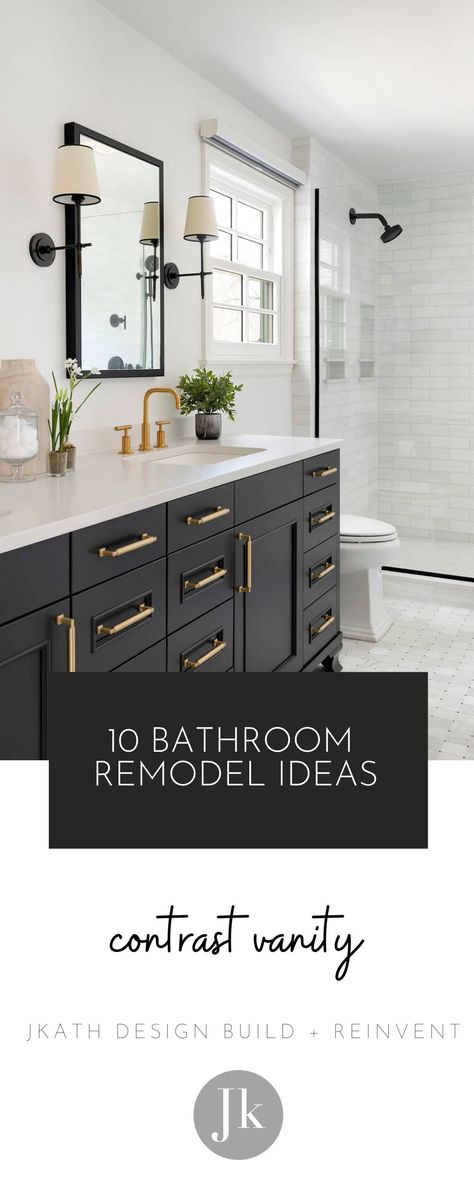 Black Finishes Bathroom, Black Bathroom Fixtures Inspiration, Black Bathroom Faucet Ideas, Common Bathroom Ideas, Black Cabinets In Bathroom, Secondary Bathroom Remodel, Classic Master Bath Remodel, Transitional Modern Bathroom, Bathroom Fixtures 2023