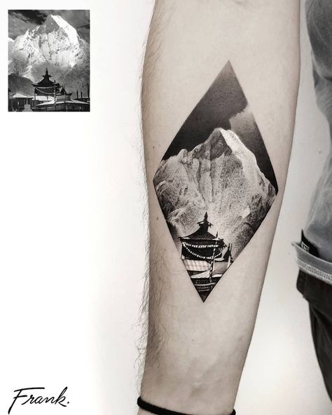 ▪️ Annapurna ▪️ Nepal 🇳🇵one of the highest mountain in the world, you can see the client actual photo from his trip on the top left corner,… Nepal Tattoo, Mountain Tattoo, The Client, On The Top, Triangle Tattoo, Nepal, The Top, No Instagram, Barcelona