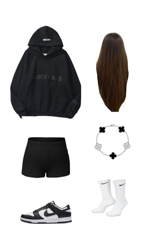 Essentials Hoodie Outfits For Women, Black Essentials Hoodie Outfit, Essentials Hoodie Outfit, Black Essentials Hoodie, Black Sweat Shorts, Black Essentials, Hoodie Outfits, Essentials Hoodie, Comfy Outfit