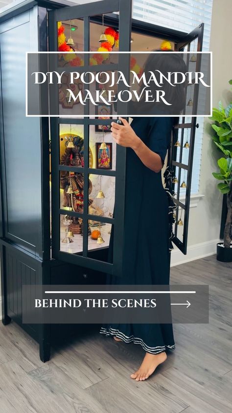 Behind the scenes of our DIY pooja mandir makeover! Comment 'LINKS' below for links to all the materials I used #poojaroom #poojaroomdecor… | Instagram How To Decorate Pooja Room, Pooja Space Ideas In Living Room, Pooja Mandir Cabinet, Diy Mandir Ideas Ikea, Pooja Room Shelf Ideas, Mandir In Small Space, Mandir In Usa Home, Pooja Mandir Diy Ikea Hacks Usa, Ikea Mandir Hack