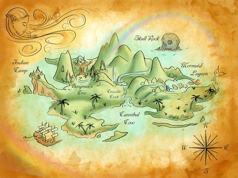 Explorer Room, Pirate Craft, Neverland Map, Neverland Nursery, Peter Pan Neverland, Peter Pan Nursery, Peter Pan Party, Skull Rock, Neverland Art