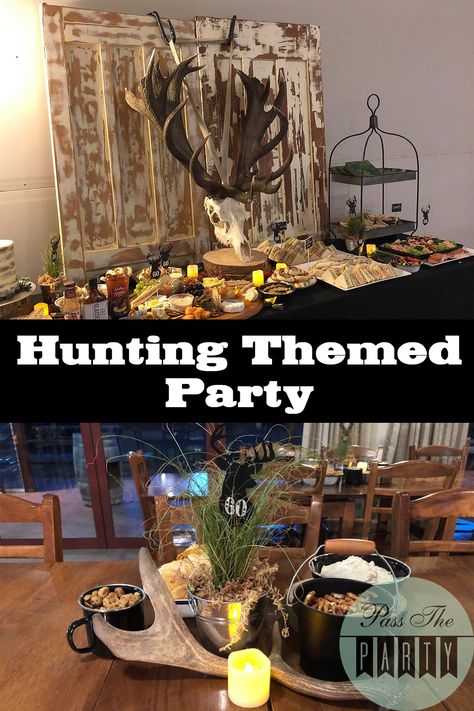 An epic Hunting Party for the hunting mad Birthday Boy on his 60th. Mens Hunting Birthday Party, Deer Hunting Party Decorations, Hunting Birthday Party Ideas For Men, Deer Hunter Birthday Party, Hunting Retirement Party Ideas, Hunting Party Ideas For Men, Hunting 40th Birthday Party, Camo Graduation Party Ideas, Hunting Theme Party For Men