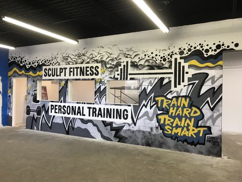 Gym Wall Art Graffiti, Gym Graffiti, Gym Mural, Murals Graffiti, Private Gym, Gym Wall Decal, Diy Home Gym, Gym Wall, Gym Interior