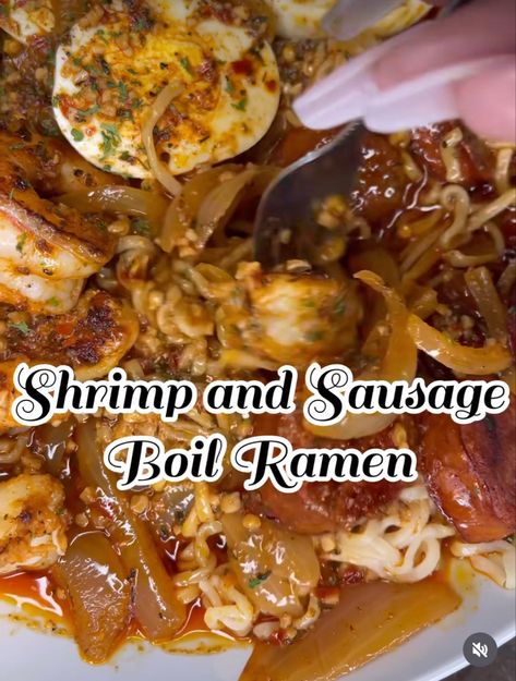 Ramen Noodle Gumbo, Ramen With Shrimp Recipes, Cajun Ramen Noodle Recipes, Seafood Boil Ramen Noodle Recipes, Gumbo Ramen, Cajun Ramen Noodles, Seafood Ramen Noodle Recipes, Seafood Sausage Recipe, Seafood Boil Ramen