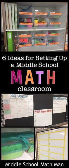 This blog post gives 6 creative ideas to help set up and organize the middle school math classroom, including ideas for task card storage and bulletin boards! Junior High Math, Math Classroom Decorations, Middle School Math Teacher, Sixth Grade Math, Middle School Math Classroom, Math Intervention, Mini Pizzas, Secondary Math, Task Card