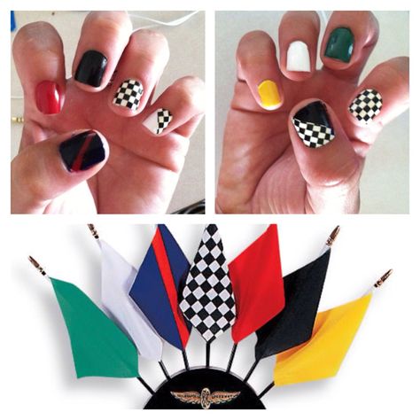 Jazz up your race day fashion routine with this nail polish idea! Indy 500 Nails, Nascar Nails, Racing Nails, Race Day Fashion, Flag Nails, Extension Designs, Seasonal Nails, Indy 500, Hot Nails