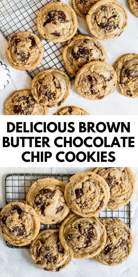 Learn how to make brown butter chocolate chip cookies with this easy recipe! The rich, nutty flavor of browned butter transforms traditional chocolate chip cookies into a decadent dessert. Crispy edges and a soft, chewy center loaded with chocolate chips make these cookies the perfect treat. If you're a fan of chocolate chip cookies, you have to try this delicious variation! Brown Butter Chocolate Chip Cookies Ambitious Kitchen, Bake The Perfect Chocolate Chip Cookie, Chocolate Chip Swirl Cookies, Tasty Best Chocolate Chip Cookies, Chocolate Chip Cookies Recipe Crispy, Roll House Chocolate Chip Cookies, Best Brown Butter Chocolate Chip Cookie Recipe, Chocolate Chip Cookies With Almonds, Peanut Butter Cookies Homemade