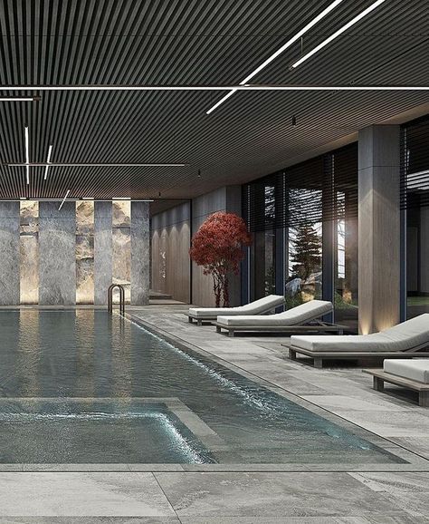 Spa Decor Ideas, Elegant Pool, Luxury Pools Indoor, Indoor Swimming Pool Design, Pool Indoor, Home Spa Room, Modern Chaise, Spa Area, Indoor Pool Design