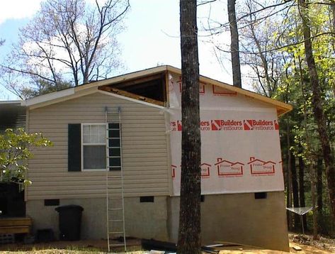 Homeowners Reveal Common Mobile Home Remodeling Mistakes Remodel A Double Wide Mobile Home, Raising Roof On Mobile Home, Singlewide Mobile Home Additions, How To Add A Room To A Mobile Home, Double Wide With Addition, Single Wide Sunroom, Roof Over Mobile Home Single Wide, Trailer Additions Single Wide, Trailer Home Additions