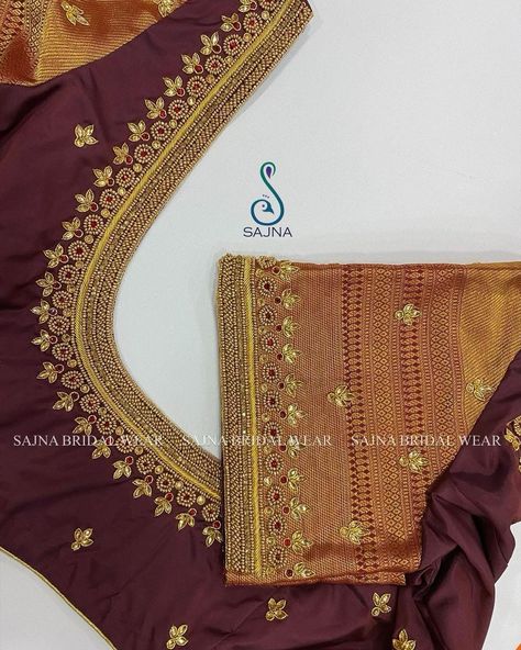 Brown Maggam Work Blouse Designs, Marron Blouse Maggam Work, Brown Color Blouse Aari Work, Brown Blouse Aari Work, Brown Colour Blouse Aari Work Design, Maggam Blouses, Traditional Lehenga, Mirror Work Blouse Design, Aari Design