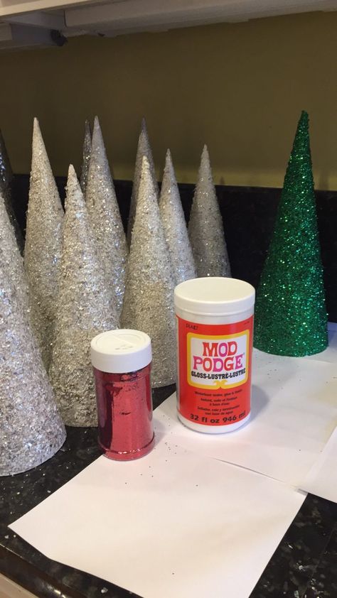 15 Cone Christmas Tree Designs to Make - CATHIE FILIAN's Handmade Happy Hour Diy Christmas Tree Cones How To Make, How To Make Cones For Christmas Trees, Diy Glitter Cone Christmas Tree, How To Make Cone Trees, Ornament Cone Tree Christmas Diy, Diy Christmas Cone Trees Glitter, Polystyrene Cones Christmas, Diy Glitter Cone Tree, Glitter Cone Trees