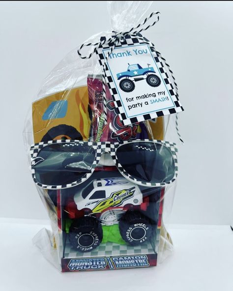 Monster Truck Birthday Favors, Monster Truck Gift Bags, Monster Truck Party Favors Ideas, Monster Truck Favors, Monster Truck Birthday Party Favors, Monster Truck Party Food Ideas, Monster Jam 3rd Birthday, Monster Truck Goodie Bag Ideas, 2nd Birthday Monster Truck Theme