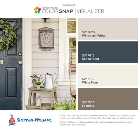 Windfresh White, Outside House Paint, Outside Paint, House Paint Color Combination, Exterior House Paint Color Combinations, Sherwin Williams Colors, Sea Serpent, Exterior Color Schemes, Exterior Paint Colors For House