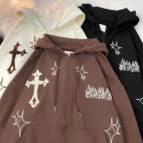 Zip Up Hoodie Outfit Aesthetic Y2k, Y2k Hoodie Aesthetic, Cross Hoodie Y2k, Y2k Oversized Sweater, Aesthetic Sweatshirts & Hoodies, Y2k Hoodie Design Ideas, Y2k Zip Up, Zip Up Hoodie Aesthetic, Cute Hoodies Aesthetic