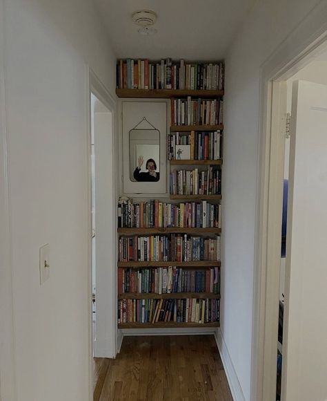 Books On Shelf Aesthetic, End Of Hallway Bookshelf, 1930s Home Interior, Wood Apartment Decor, Whimsical Home Office, Maximalist Apartment Aesthetic, Book Hallway, Small Nook Ideas Hallways, Small Eclectic Apartment