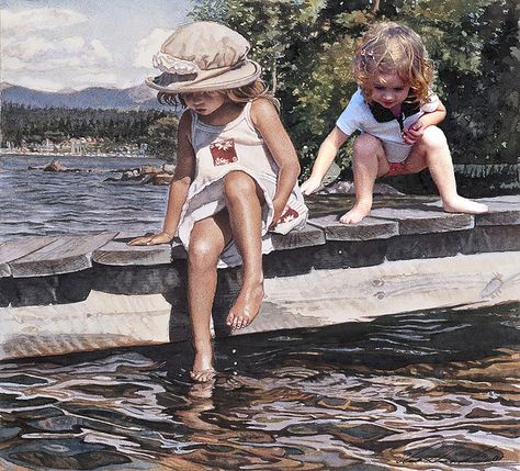 Getting Her Feet Wet + One, by Steve Hanks Steve Hanks, Children Pictures, Abstracted Art, Watercolor Artists, Watercolor Artist, American Artists, Artist At Work, Beautiful Paintings, Amazing Art