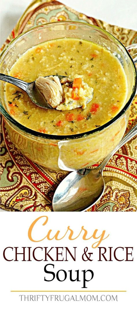 Curry Chicken and Rice Soup- an easy, comforting soup recipe that is inexpensive and family friendly! via @FrugalMomL Creamy Curry Chicken, Curry Soup Recipes, Chicken Curry Soup, Curry Chicken And Rice, Creamy Curry, Rice Soup Recipes, Comfort Soup Recipes, Chicken Rice Soup, Comforting Soup