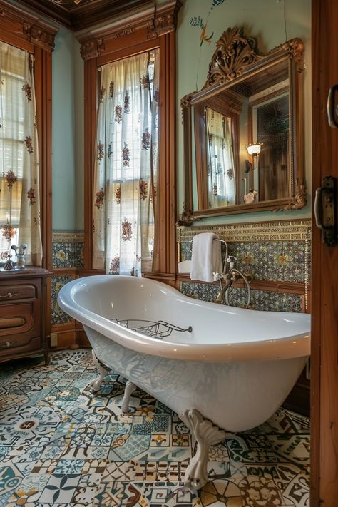 Victorian Homes Interior Bathroom, Victorian Home Bathroom, Victorian Homes Interior, Victorian Rooms, Dark Academia Room Decor, Victorian Era Homes, Kitchen Cabinet Inspiration, Old House Interior, Black White Bathrooms