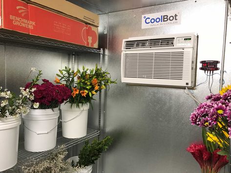 Through our patented technology, the CoolBot transforms a well-insulated room into a walk-in cooler with any standard air conditioning unit. Learn more here! Walkin Cooler, Flower Cooler, Walk In Cooler, Glass Entrance Doors, Walk In Freezer, Florist Studio, Cooler Painting, Farm Plans, Flower Truck