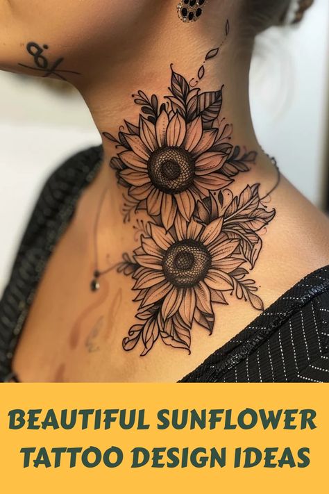 Sunflower Chest Tattoo, Sunflower Shoulder Tattoos For Women, Sunflower Neck Tattoo, Sunflower Tattoo Design For Women, Sun And Sunflower Tattoo, Sunflower Thigh Tattoo, Half Sunflower Tattoo, Sunflower Back Tattoo, Sunflower Sleeve Tattoo