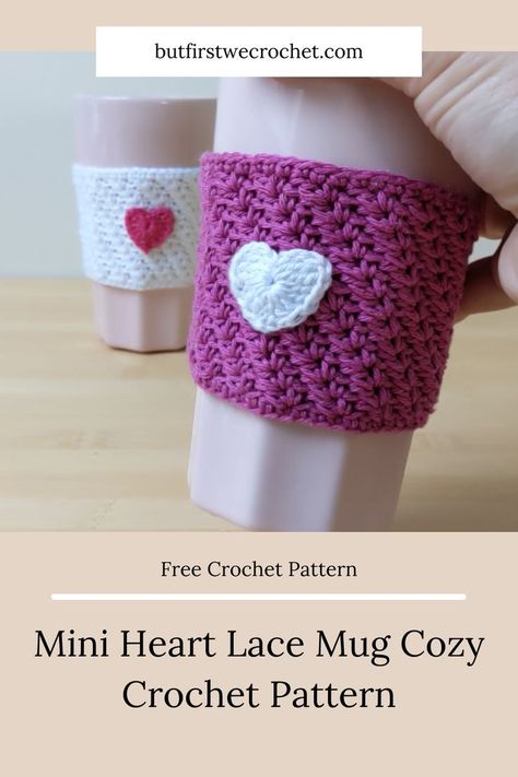 Make this quick and easy mug cozy for your favourite mug! Featuring a mini heart against a lacey sleeve, it is both pretty and elegant. Choose the colours of your preference and crochet away! The mini heart cup or mug cozy is a lovely and very easy pattern. It measures 7cm in height (just under 3 inches) and is around 23cm (around 9 inches) long all round but the pattern instructions allow you to customise it to any size cup! Mug Cozy Crochet, Mug Cosy, Cosy Crochet, Heart Cup, Crochet Mug, Crochet Mug Cozy, Cup Sleeves, Cozy Crochet Patterns, Heart Mug