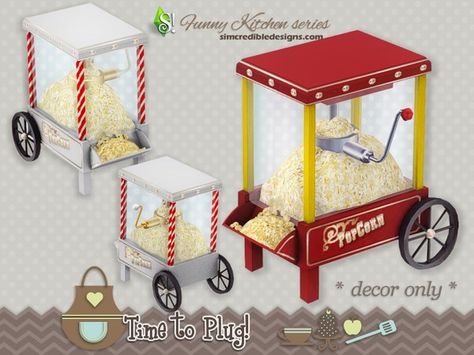 popcorn maker by SIMcredible! Sims 4 Functional Popcorn Machine, Sims 4 Cc Popcorn Machine, Sims 4 Popcorn Machine, Sims 4 Cartoon Cc, The Sims 4 Pack, Sims 4 Cc Furniture Living Rooms, Popcorn Stand, Ts4 Mods, Sims 4 Cheats