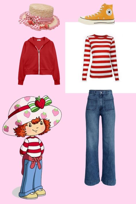 Strawberry Shortcake Party Outfit, Strawberry Shortcake Cosplay Ideas, Strawberry Shortcake Diy Costume, Childhood Heroes Costume, Red Hair Costume Ideas Halloween, Strawberry Shortcake Hat Diy, Strawberry Shortcake Character Outfits, Strawberry Shortcake Halloween Costume Aesthetic, Iconic Duo Halloween Costumes Strawberry Shortcake