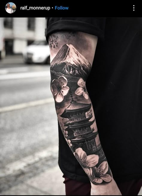 Japanese Temple Tattoo, Japanese Forearm Tattoo, Scenery Tattoo, Samurai Tattoo Sleeve, Temple Tattoo, Half Sleeve Tattoos Forearm, Tattoo Japanese Style, Koi Tattoo Design, Egyptian Tattoo Sleeve