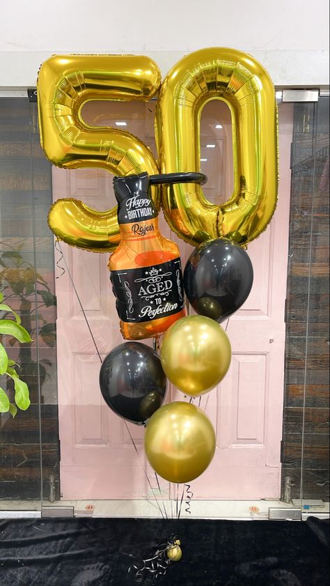 50 Balloon Bouquet, Yellow Birthday Decor, Cheers And Beers Party, 50th Birthday Themes, Husband 40th Birthday, 50 Balloons, Dads Birthday, Yellow Birthday, 50th Bday