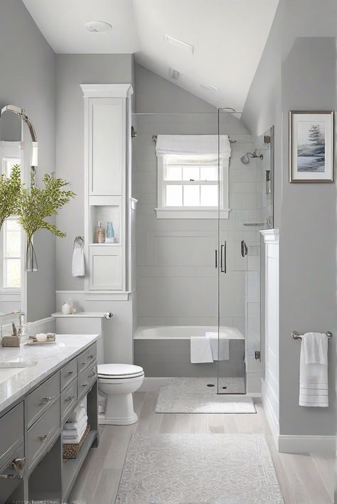 Bathroom Light Gray Walls, Bathroom Colors With Gray Vanity, Grey Bathroom Cabinets Color Palettes, White Bathroom Color Schemes, Gray Bathroom Ideas Colour Palettes, Light Gray Tile Bathroom, Gray Paint Colors For Bathroom, Grey Paint Bathroom, Best Small Bathroom Paint Colors