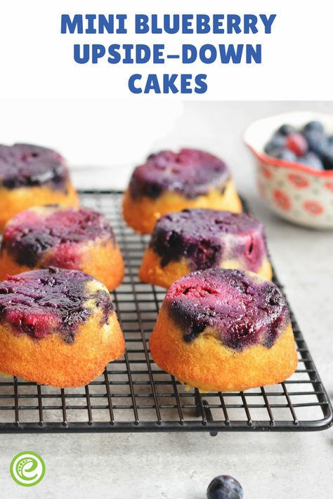 Mini Blueberry Upside-Down Cakes | eMeals.com Blueberry Upside Down Cupcakes, Easy Upside Down Cupcakes, Individual Upside Down Cakes, Blueberry Upside Down Mini Cakes, Blueberry Upside Down Cake, Desserts Mini, Blueberry Cake Mix, Berry Cupcakes, Blueberry Dump Cakes