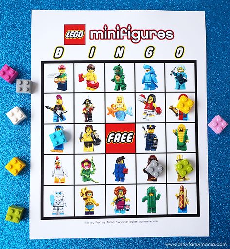 Download and print Free Printable LEGO Minifigure Bingo to play at parties and just for fun! #lego #legominifigure #freeprintable #printable #partygames #bingo Lego Party Free Printables, Lego Games For Kids Free Printable, Lego Bingo Printable, Lego Themed Party Games, Lego Party Games, Lego Camp, Lego Printables, Lego Birthday Party Amazon.com, Lego Themed Party