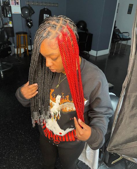 Red And Black Knotless Braids With Beads, Red And Black Braids With Beads, Red Braids, Red Box Braids, Laid Edges, Cute Box Braids, Lil Girl Hairstyles, Peekaboo Hair, Short Box Braids