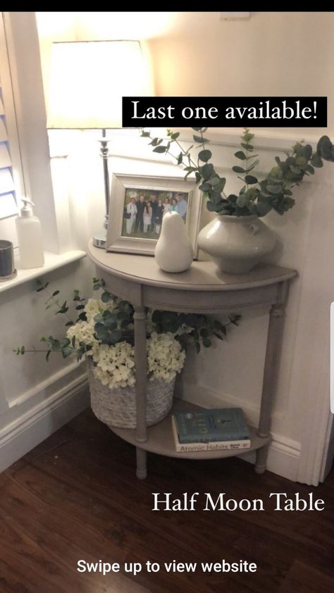 Half Moon Entry Table Decor, Half Moon Table Decor, Half Moon Entry Table, Apartment Entry Way, Small Hallway Table, Entry Hall Table, Half Moon Table, Half Moon Console Table, Half Table