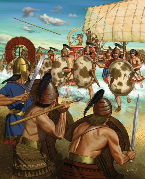 Age Illustration, Ancient Troy, Sea Peoples, Bronze Age Civilization, Historical Warriors, Greek Warrior, Ancient Greek Art, Ancient Warfare, Ancient Mesopotamia