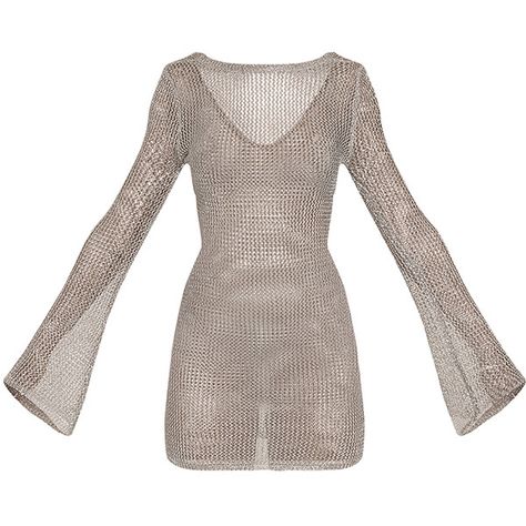 Eshe Sheer Silver Metallic Knitted Mini Dress ($53) ❤ liked on Polyvore featuring dresses, flared sleeve dress, metal dress, see-through dresses, short brown dress and futuristic dress Bell Sleeve Mini Dress, Luxury Long Sleeve Mini Dress With Mesh Sleeves, Glamorous Long Sleeve Sheer Mini Dress, Chic Long Sleeve Metallic Mini Dress, Long Sleeve Metallic Mini Dress With Shimmer, Gray Bell Sleeves Dress Mini, Futuristic Dress, Short Brown Dress, Silver Metallic Dress