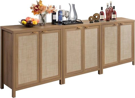 Amazon.com - SICOTAS Rattan Sideboard Buffet Credenza Cabinet - 2 Pieces Large Farmhouse Kitchen Coffee Bar Cabinet with Rattan Storage - Boho Wood Chest Storage Cabinet for Entryway Living Room - Oak - Buffets & Sideboards Buffet Coffee Bar, Rattan Credenza, Liquor Storage Cabinet, Storage Rattan, Decorated Doors, Coffee Bar Cabinet, Rattan Sideboard, Console Table Design, Coffee Bars In Kitchen