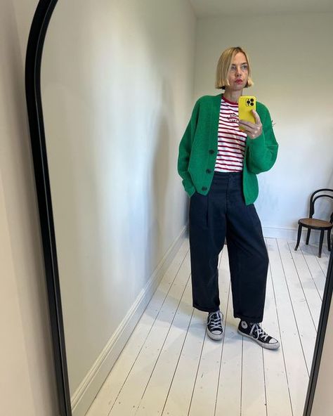 Jenny Garcia on Instagram: "❤️💚💛Transitional style with a few colour pops. Come Autumn and Spring I’m never far from my Breton stripes, as for cardigans, if you want something more casual / relaxed than a blazer and you love knitwear as much as I do then make a cardigan your friend. Also handy for those 🥵🤯 moments if you know what I mean! When it comes to trousers I’m a big barrel leg fan, have been for decades. These cotton & linen one’s from @toast tick all the boxes. Wear smart or casual, Barrel Leg Trouser Outfit, Barrel Trousers Outfit, Colour Pop Outfits, Barrel Leg Pants Outfit, Big Cardigan Outfit, Casual With Heels, Barrel Pants Outfit, Breton Stripes Outfit, Striped Cardigan Outfit