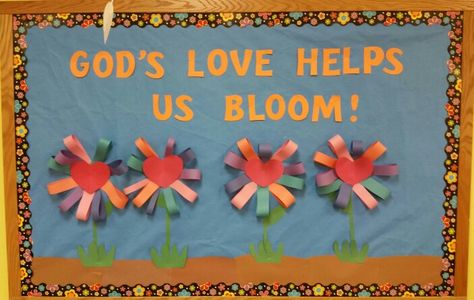 "God's love helps us bloom"  Spring flowers church preschool bulletin board Art Projects For Kids Preschool, Christian School Bulletin Boards, Bulletin Boards Ideas, Catholic Bulletin Boards, Religious Bulletin Boards, April Bulletin Boards, Bible Bulletin Boards, Easter Bulletin Boards, March Bulletin Board