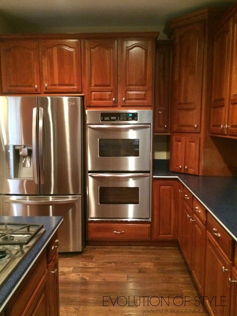 Cherry Wood Kitchen Cabinets, Cherry Wood Kitchens, Redo Kitchen Cabinets, Cherry Wood Cabinets, Cabinet Transformations, Redo Cabinets, Corian Countertops, Colonial Kitchen, Cherry Kitchen