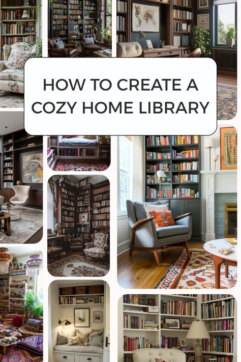 Tips, ideas and advice for how you can create your very own cozy home library. Small Book Room, Small Study Room Ideas Cozy Library, Corner Library Bookshelves, Guest Room Library, Cozy Home Library Aesthetic, Library Ideas For Home, Home Library Design Cozy, Reading Room Ideas Cozy, Cozy Library Room Ideas