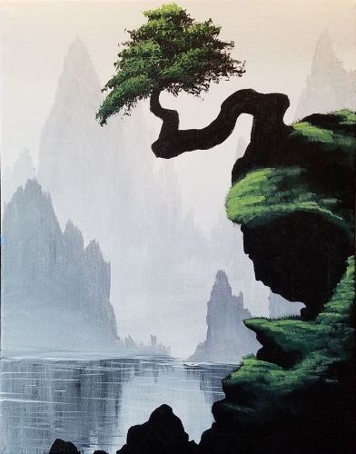 Cliff Drawing, Tree On A Cliff, Paint Nite, Chinese Landscape, Japon Illustration, Fantasy Landscape, Tree Art, Tree Painting, 그림 그리기