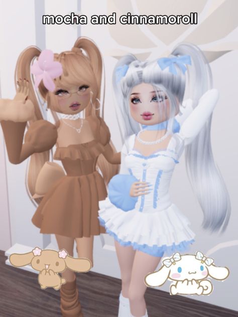 Dress to impress sanrio fits duo Dress To Impress Sleepover, Lolíta Dress To Impress Duo, Dti Duo Idea, Mocha And Cinnamoroll, Dti Outfits Duo, Cinnamoroll Dress To Impress, Kuromi Dress To Impress, Dti Fits Sanrio, Duos Dress To Impress