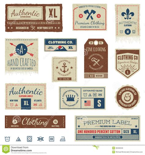 Vintage Clothing Labels | Set of vintage clothing tags and retro labels. Vintage Clothing Labels Design, Jeans Label, Clothing Labels Design, Clothes Tag, Custom Clothing Labels, Craft Label, Flat Icons, Packaging Labels Design, Clothing Vintage