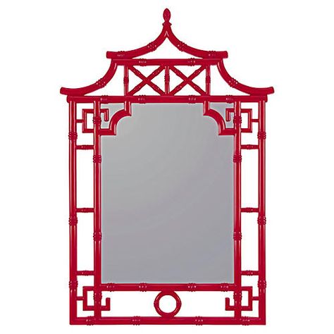 George 28"x42" Wall Mirror, Glossy Red Chinoiserie Mirror, Bamboo Mirror, Chinoiserie Wall, Bamboo Wall, Maximalist Decor, Chinoiserie Chic, Red Walls, Wood Mirror, Beveled Mirror