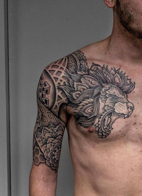 Explore Top Shoulder Tattoo Ideas for Men - Unleash Your Style with Ink Lion Half Chest Tattoo, Shoulder To Chest Tattoo For Men, Justin Tattoo, Top Of Shoulder Tattoo, Art Personality, Tato Mandala, Tatuaje Trash Polka, Tattoo Artist Tattoo, Quarter Sleeve Tattoos