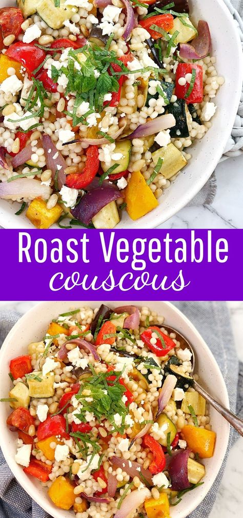 Roasted Veg Couscous - Lots of fresh vegetables simply roasted in the oven with some store cupboard spices, combined with giant/pearl couscous then finished off with feta, fresh mint and a squeeze of lemon. This roast vegetable couscous recipe is packed with healthy veggies! #chefnotrequired #vegetables #couscous #easyrecipes #sidedishes #vegetableside Vegetable Couscous Recipes, Pearl Couscous Recipes, Roasted Vegetable Couscous, Fresh Vegetable Recipes, Vegetable Couscous, Couscous Recipe, Vegetarian Sausages, Pearl Couscous, Store Cupboard